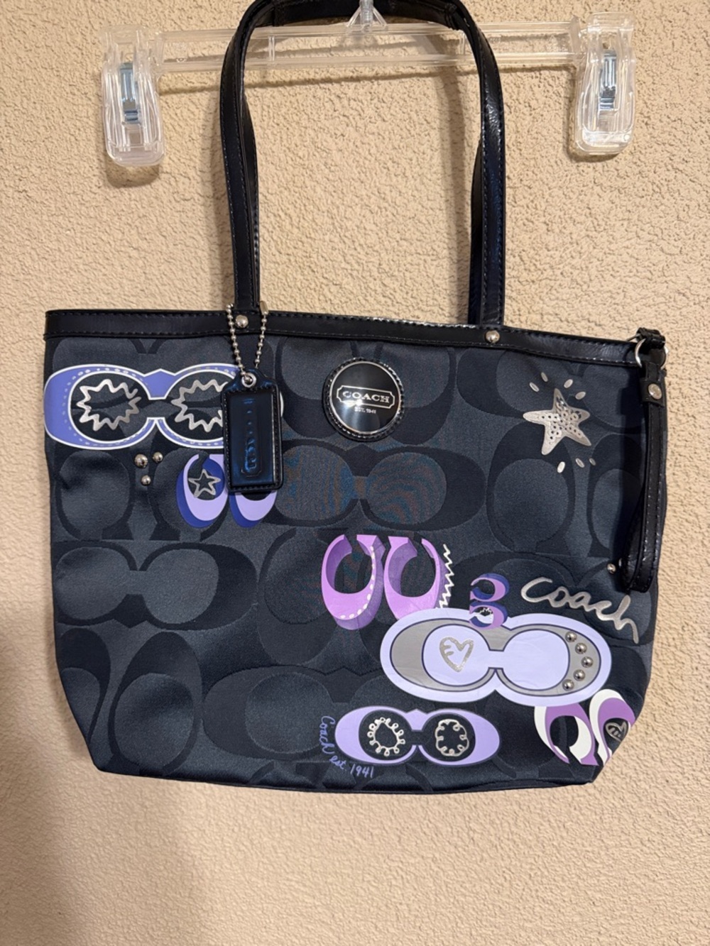 Coach Black Tote with Purple and Lavender Graphic Accents